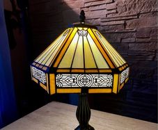Fabulous Tiffany-Style Stained Glass Lamps, Amber & Cream, 45cm (Two Available!!)
