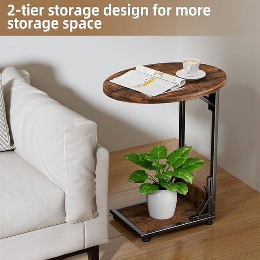 Foldable Side Table Bedside Table, Round Sofa Table with Storage Bag, Metal Frame Small Coffee Table for Living Room Bedroom Office, Rustic Brown & Black