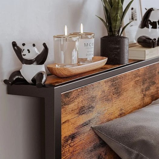 King Size Bed Frame with Storage Wooden Headboard, Metal Bed Frame Kingsize Bed Base/Mattress Foundation, Enhanced Support Noise Free, Textured Black+Brown Oak