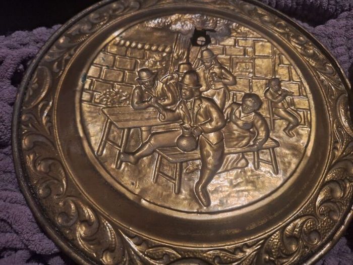 Vintage Embossed Brass Wall Hanging Plates Pair Tavern Pub Scene