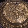 Vintage Embossed Brass Wall Hanging Plates Pair Tavern Pub Scene Image 5