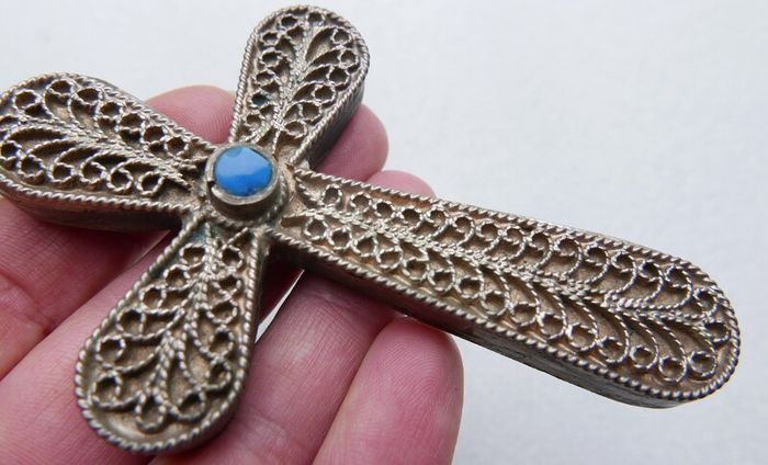 Vintage Turquoise  Large 4" Cross Pendant and unusual Chain length 34"
