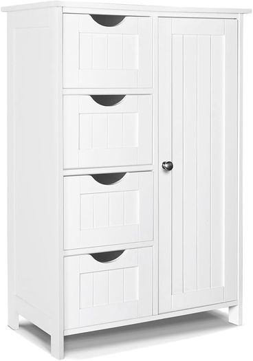 Bathroom Floor Storage Cabinet, Freestanding Storage Unit with Adjustable Shelf, 4 Drawers & Door, for Bedroom, Kitchen, Living Room, Entryway, White