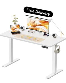 Electric Standing Desk, 120 x 60 cm, White Height Adjustable Desk, 2 Hooks, 4 Memory Heights, 72-118cm, Splice Board, Ergonomic Sit Stand Computer Desk for Home Office