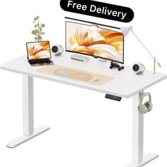 Electric Standing Desk, 120 x 60 cm, White Height Adjustable Desk, 2 Hooks, 4 Memory Heights, 72-118cm, Splice Board, Ergonomic Sit Stand Computer Desk for Home Office