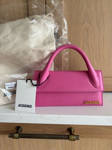 New Jacquemus Le Chiquito Long Pink Leather Top Handle Bag Strap Dust Bag