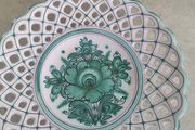 Majolica Majolika Slovenia Ludova Green White Hand Painted Floral Lattice hanging Plate