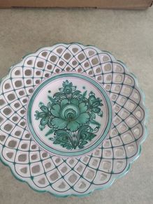 Majolica Majolika Slovenia Ludova Green White Hand Painted Floral Lattice hanging Plate