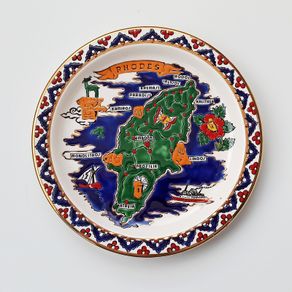 Decorative wall ceramic plate from Rhodes, Greece with 24k gold trim by Ibiscus Ceramics and Ceramica Olimpia S. A.   diameter 25cm