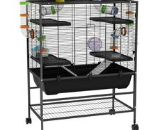 Large Hamster Cage, Gerbil Cage with Tubes, Storage Shelf, Ramps, Platforms, Running Wheel - Black