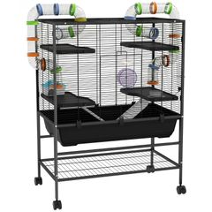 Large Hamster Cage, Gerbil Cage with Tubes, Storage Shelf, Ramps, Platforms, Running Wheel - Black