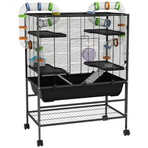 Large Hamster Cage, Gerbil Cage with Tubes, Storage Shelf, Ramps, Platforms, Running Wheel - Black