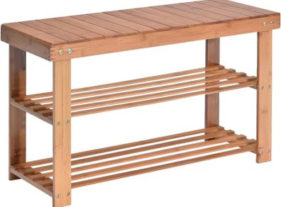 NEW SALE Shoe Rack, 2 Tier Bench Storage Organiser Holder 70 x 27 x 45cm Made of 100% Natural Bamboo Max Load Capacity up to 100KG