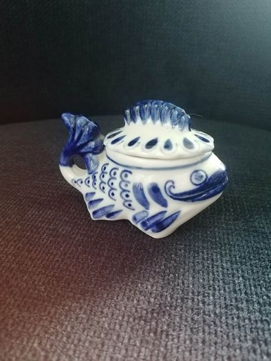 Gzhel Handmade Fish Candy Dish or Trinket Box