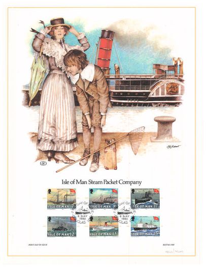 1980 Isle of Man Limited Edition Lithographed Print measuring 333mm X 257mm showing 150th Anniversary of Isle of Man Steam Packet Company 1930-1980 Commemorative Stamps with First Day of Issue Cancel