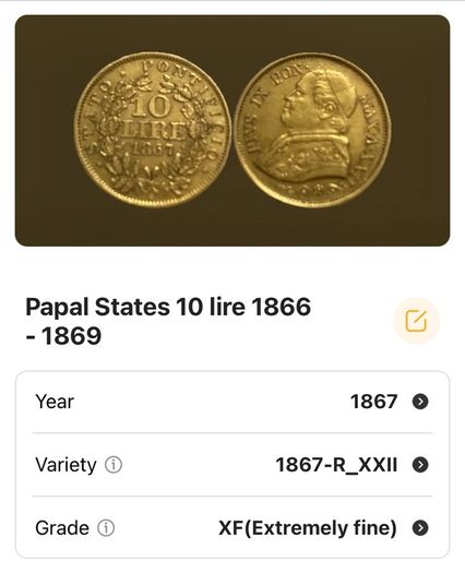 Vatican 1867 10 Lire Gold Coin Papal State  Pius IX Rare