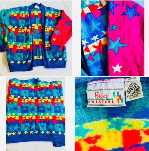 vintage Paco pure new wool funky chic cardigan star knit bright and bold rare
