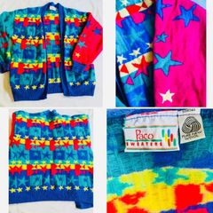 vintage Paco pure new wool funky chic cardigan star knit bright and bold rare