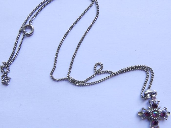 Vintage Silver Plated Cross With Multi-Color Stones Necklace length 20"
