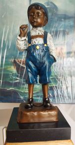 Smoking Boy - Cold Painted Bronze, Marble, Signed