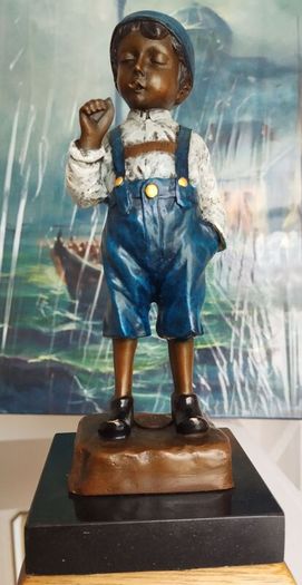 Smoking Boy - Cold Painted Bronze, Marble, Signed