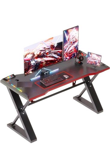 120 x 55 cm Gaming Desk with LED Lights, Gaming Table Thickened Z Shaped, Gamer Desk with Carbon Fiber Coated, Gaming PC Desk, Computer Desk Easy to Assemble, Carbon Fiber Black
