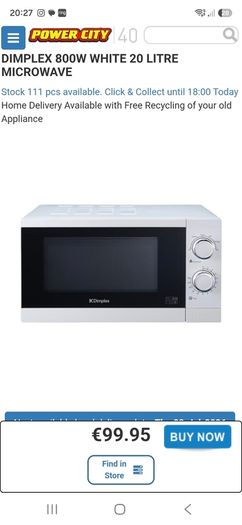 Dimplex 20 Litre 800W Microwave White BRAND NEW