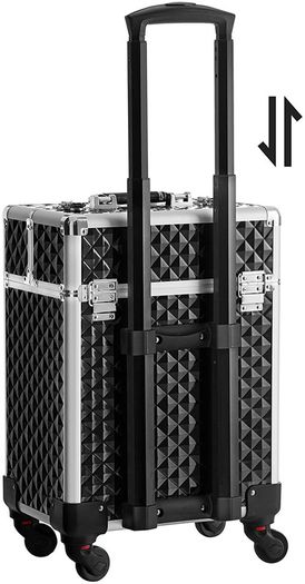 Professional Makeup Case, Cosmetic Case, Mobile, 4 Wheels, 4 Tray, Telescopic Handle, Travel, Travel, Black