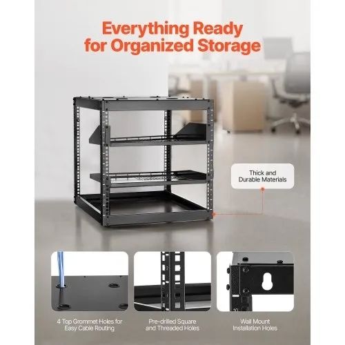 10U Open Frame Network Rack, 585 mm Depth, Wall Mounted or Floor Standing Server Rack, Heavy Duty 4 Post, with Vented Shelves & Mounting Hardware