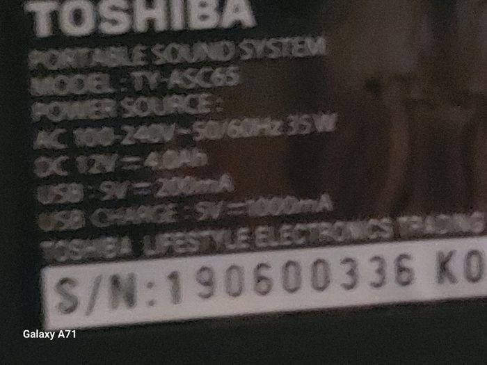 TOSHIBA Portable Sound System, Party Speaker, Bluetooth, Model TY-ASC65, everything working perfect