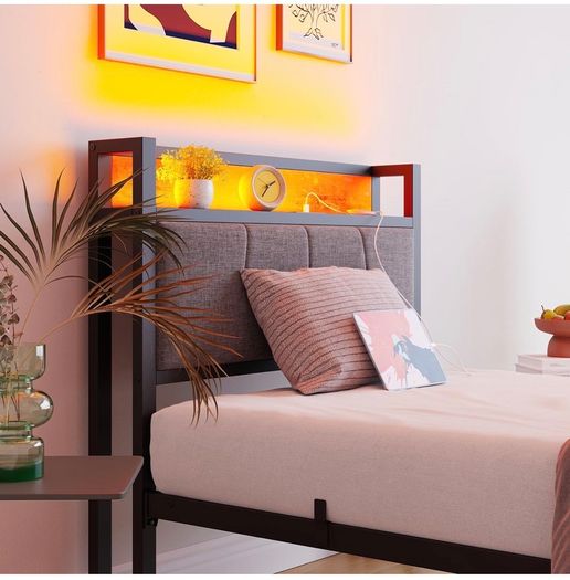3ft Single Bed Frame with Storage Headboard,LED Lights,Metal Upholstered Platform Bed Frame with Charging Station,Mattress Foundation/Strong Slats Support/Under-bed Storage/Easy Assembly/Brown