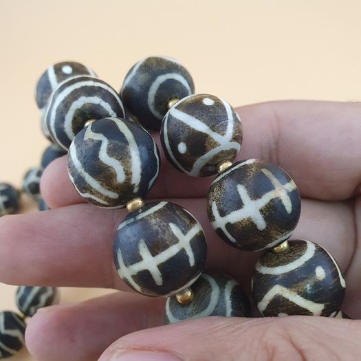 Burmese Antique Pumtek Pyu Petrified Wood Stone Beads Necklace 24 Inches