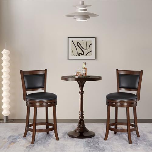 Bar Stools Set of 2 Swivel Counter Stool, Wood Frame Kitchen Island Stool-Chair, 24in Upholstered Barstool with Backrest & Footrest, Cappuccino, 61cm Seat Height