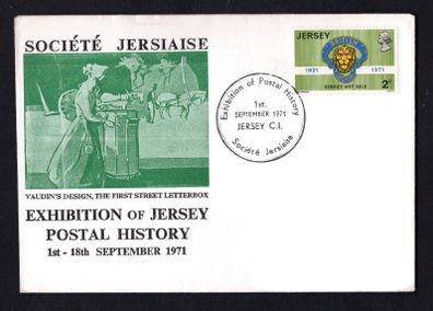 1971 Jersey Illustrated Cover showing Exhibition of Postal History exhibition cancel tying 2p Royal British Legion Badge commemorative stamp