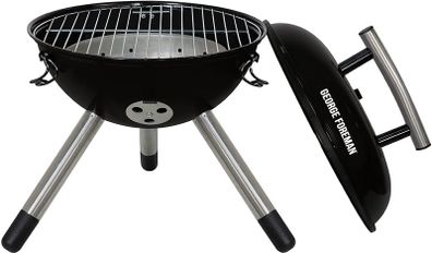 George Foreman 14inch  Compact Portable Round Charcoal BBQ, Adjustable Air Vent, Lightweight & Integrated Handle with Chrome Grill