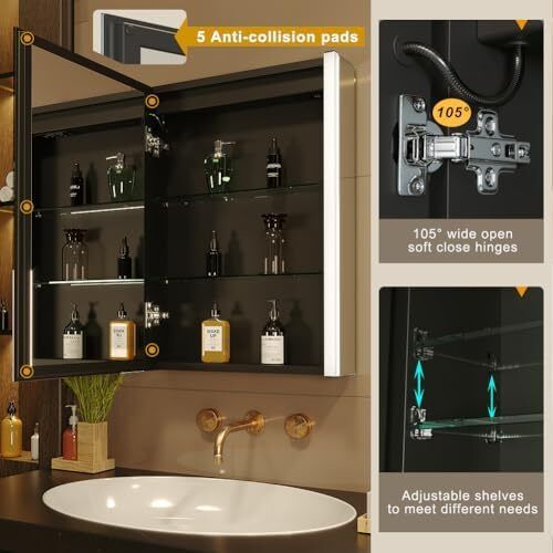 55 x 70 cm Left Hinge Aluminum LED Bathroom Medicine Cabinet with Mirror | Light Adjustment, Anti-Fog, High Capacity, Easy to Install