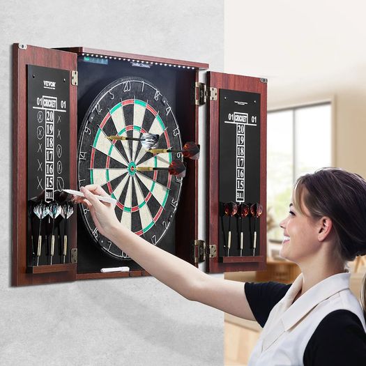 Dartboard and Cabinet Set, Ready-to-Play Bundle Official Size Dartboard Cabinet, Steel Tip Dart Hideaway Cabinet, Features LED Light