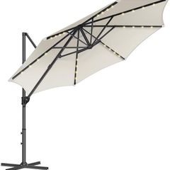 Parasol, Cantilever Parasol, 300 cm, 28 Solar LED Lights, UPF 50 Garden Umbrella, 360 Rotatable, Tilt Angle Infinitely Adjustable, with Crank, Cross Base,
