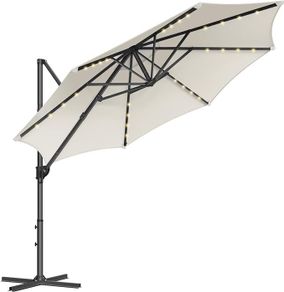 Parasol, Cantilever Parasol, 300 cm, 28 Solar LED Lights, UPF 50 Garden Umbrella, 360 Rotatable, Tilt Angle Infinitely Adjustable, with Crank, Cross Base,