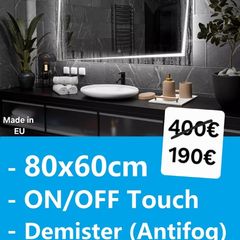 LED Bathroom Mirror Demister Antifog Touch Switch 80x60cm