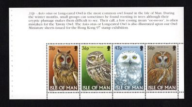 1997 Isle of Man Owls Commemorative Stamp Booklet Pane (4) Mint Never Hinged (MNH)