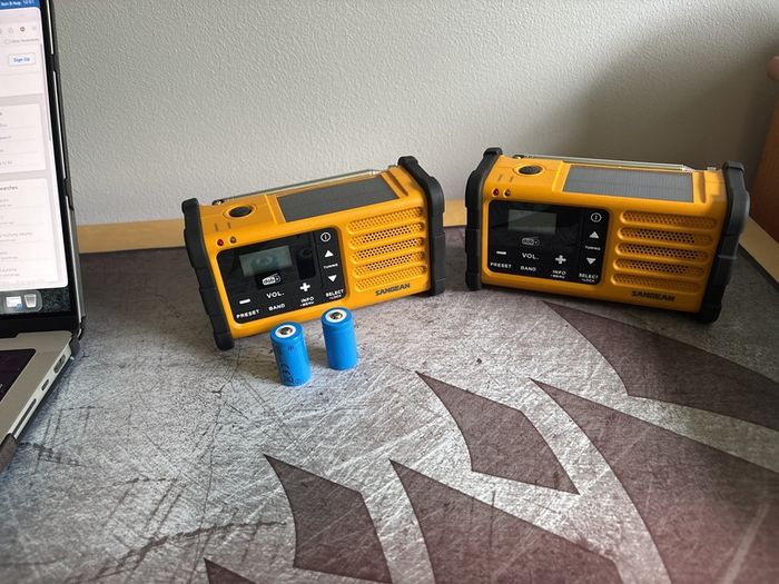 Two Sangean Emergency SDR 800 DAB+ radios full sets plus spare batteries