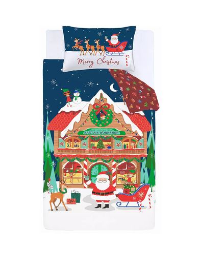 Catherine Lansfield Christmas Santas Workshop Duvet Set King Size Reversible