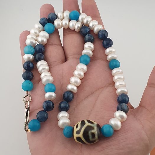 Authentic Fresh Water Pearls & Gemstone Beads With Himalayan Tibetan Dzi Pendant Necklace