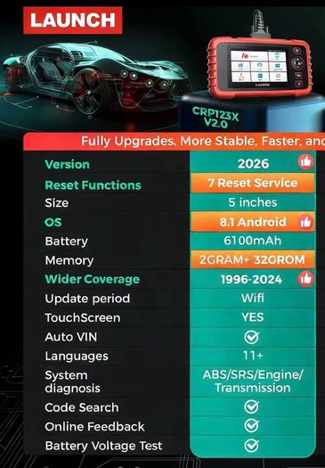 LAUNCH OBD2 Code Reader CRP123x V3.0 OBD2 Scanner, OBD2 Diagnostic Tool with 4 System ENG/ABS/SRS/AT Diagnosis, 7 Reset Throttle/Oil/SAS/DPF/ABS/Brake/BMS Auto, Lifetime Software Update