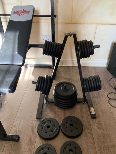 Home Gym, weights, bench, and misc