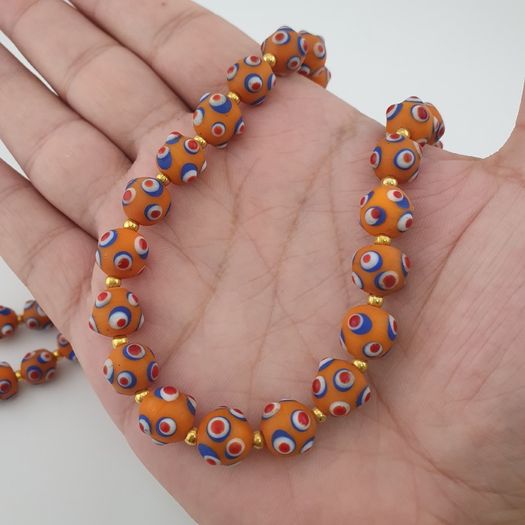 Antique Venetian Style Skunk Eyes Orange Glass Beads Necklace