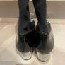 black stretch material boots with patent leather toe low chrome silver metal heel by Ras Image 5