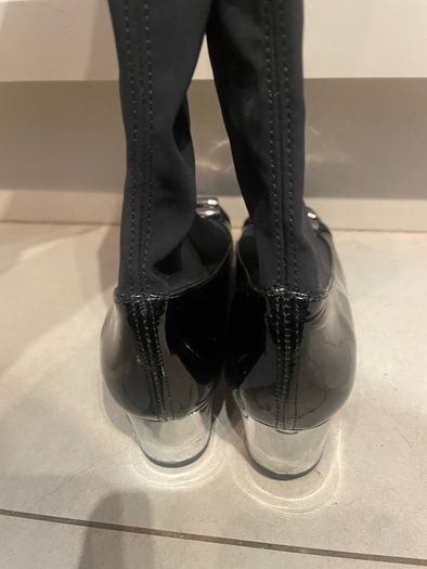 black stretch material boots with patent leather toe low chrome silver metal heel by Ras