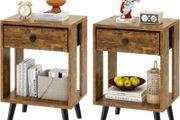 Set of 2 Side Tables, Bedside Table, Sofa End Table, with Fabric Drawers and Open Shelf Unit, Solid Wood Legs, Nightstand, for Bedroom, Living Room, Rustic Brown